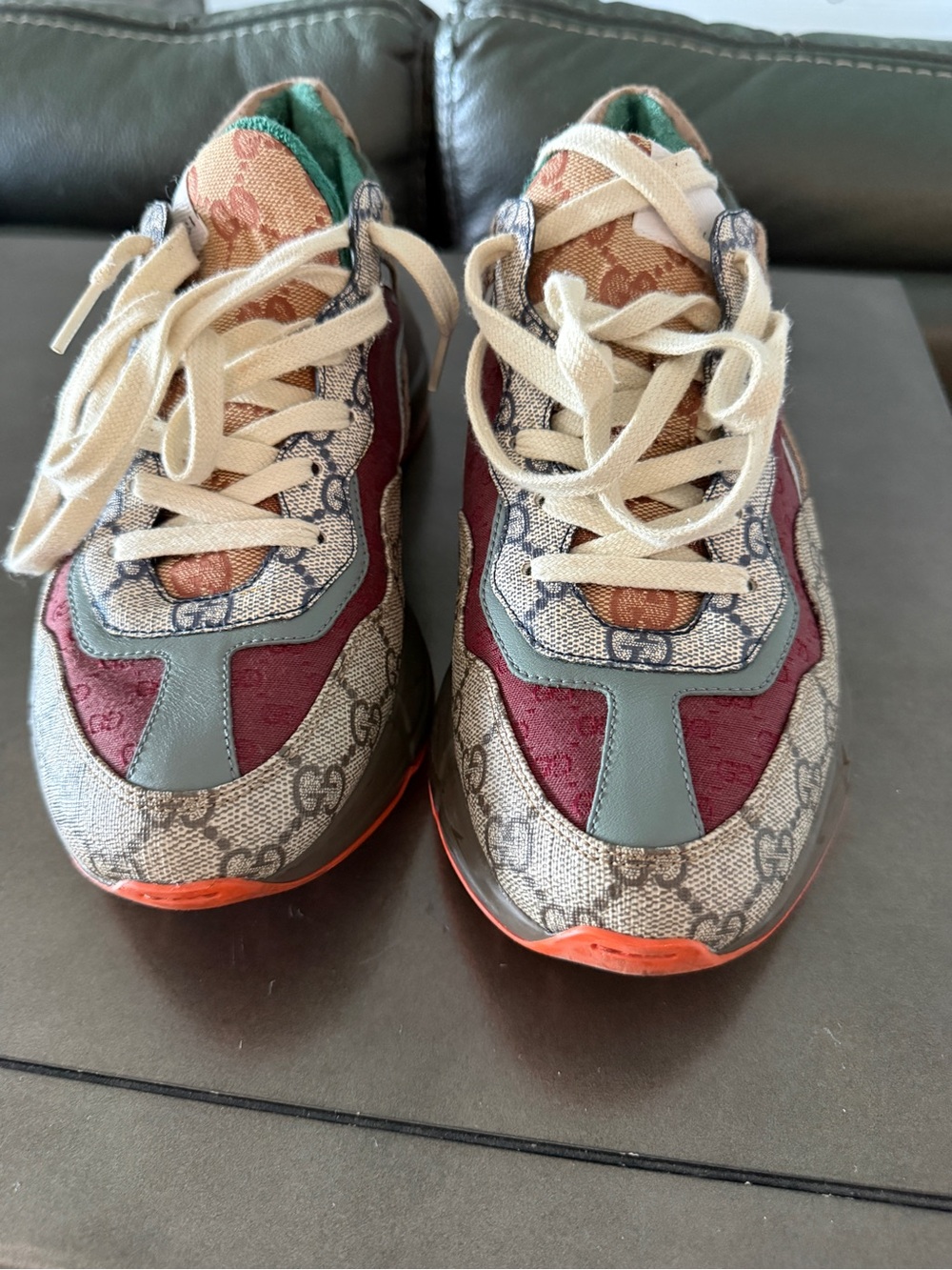 Gucci Rhyton Sneakers Womens Beige, Burgundy & Teal GG Canvas Sneakers